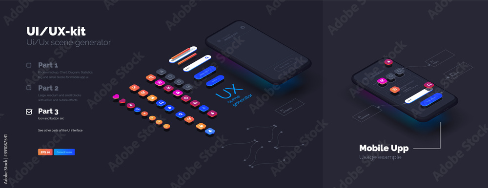 Aufkleber toolkit-ui/ux scene creator. part 3 mobile application design. smartphone mockup with active blocks 