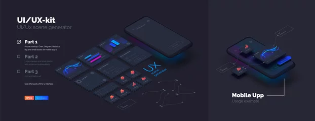 Fotobehang Toolkit-UI/UX scene creator. Part 1 Mobile application design. Smartphone mockup with active blocks and connections. Creation of the user interface. Modern vector illustration isometric style © Oleksandr