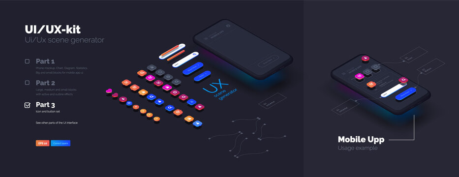 Toolkit-UI/UX scene creator. Part 3 Mobile application design. Smartphone mockup with active blocks and connections. Creation of the user interface. Modern vector illustration isometric style