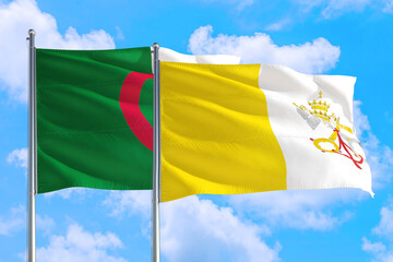 Vatican City and Algeria national flag waving in the windy deep blue sky. Diplomacy and international relations concept.
