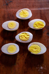 Sliced boiled eggs on the table