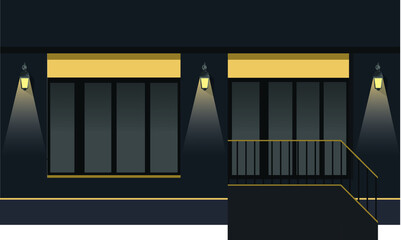 Vector Europian Shop Boutique Museum Restaurant Cafe Store Front with Big Windows, Place for Name, Greenery, Street Lanterns