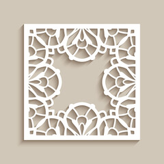 Vintage square frame with ornate border pattern, cutout paper swirls, template for laser cutting, elegant lace decoration for wedding invitation card design on beige background. Place for text