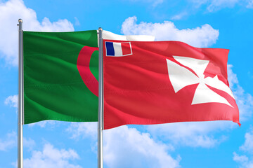 Wallis And Futuna and Algeria national flag waving in the windy deep blue sky. Diplomacy and...