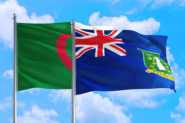 British Virgin Islands and Algeria national flag waving in the windy deep blue sky. Diplomacy and international relations concept.