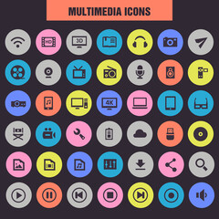 Trendy flat design big multimedia icons set