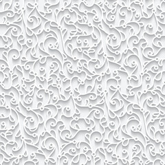 White seamless pattern with cutout paper swirls, curly floral ornament, elegant background for wedding invitation design