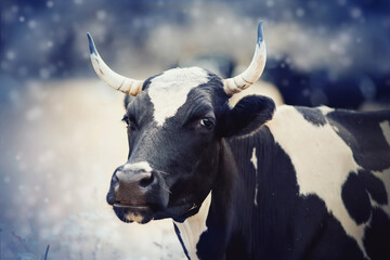 Portrait of a horned black cow with white spots.