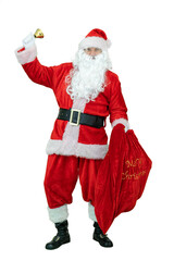 Santa holds presents sack and rings bell. Santa Claus is holding gifts bag, ringing bell on white background. Christmas coming
