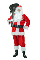 Santa holds guitar on shoulder, smiles. Santa Claus gutarist is holding acoustic guitar on white background. Christmas coming