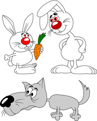 Two rabbits and a wolf