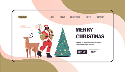 african american woman in santa claus costume holding gift box standing with reindeer new year merry christmas holiday celebration concept full length horizontal copy space vector illustration
