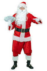 Santa holds fan of dollars money notes, shows index finger. Santa Claus is holding dollar money notes, showing finger on white background. Christmas coming