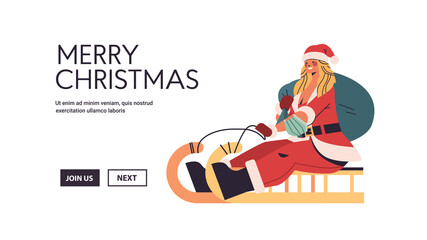 beautiful woman in santa claus costume riding sledge happy new year merry christmas holiday celebration concept full length horizontal copy space vector illustration
