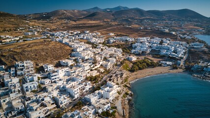 Aerial view of the pier with Paros island on a Naousa village