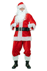 Santa shows thumb fingers up. Full body Santa Claus is showing thumb finger up on white background. Christmas coming
