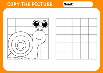 Coloring Funny little Snail. Educational Game for Kids. Copy the picture.  Illustration and vector outline - A4 paper ready to print. Preschool worksheet.
