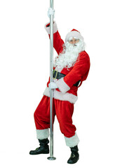 Depraved Santa is pole dancer, dancing with pylon. Lustful Santa Claus dances with pole on white background. Christmas coming