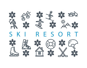 Winter sport rectangular banner with flat line icons. Vector illustration ski resort symbols on white background included skier, slalom, snowboarder, cableway, equipment. In the center you can write