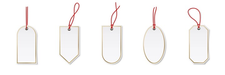 Naklejka premium Price or label tags mockup template set. Blank cards with red strings for gifts or sales with different shapes: ellipse, rectangle. Empty stickers with red frames vector illustration