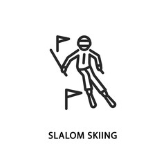 Slalom skier flat line icon. Vector illustration a person who is skiing down the mountain between flags.