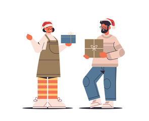 couple in santa claus hats holding wrapped gift boxes happy new year and merry christmas holidays celebration concept horizontal full length vector illustration