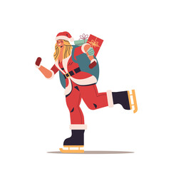 skating woman in santa claus costume with sack full of gifts happy new year merry christmas holiday celebration concept full length vector illustration