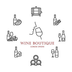 Wine boutique circle banner with flat line icons. in the centre you can write any text. Wine shop design.