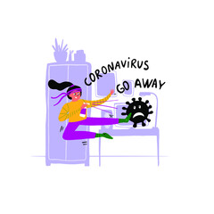 Protest against coronavirus. Young girl fighting with coronavirus at home. Coronavirus go away lettering. Covid poster.