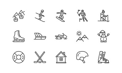 Winter sport flat line icons set. Vector illustration ski resort symbols, included skier, slalom, snowboarder, cableway, equipment. Editable strokes. - obrazy, fototapety, plakaty