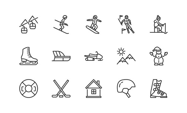 Winter sport flat line icons set. Vector illustration ski resort symbols, included skier, slalom, snowboarder, cableway, equipment. Editable strokes.