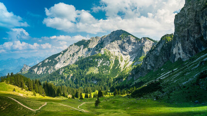 Germany, Allgaeu, Breitenberg, Impressive mountain view and green alpine nature landscapes of...