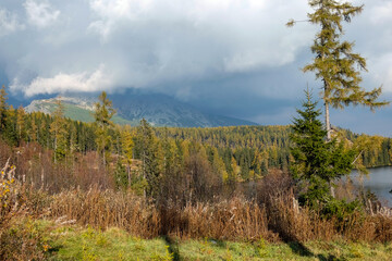 Nature mountain scene with beautiful lake in Slovakia Tatra - Strbske pleso