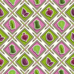 Vector Vegetable Seamless Pattern, square repeating background, isolated illustrations of summer vegetables on white background, diamond seamless pattern with flat lay fresh organic produces in cells.