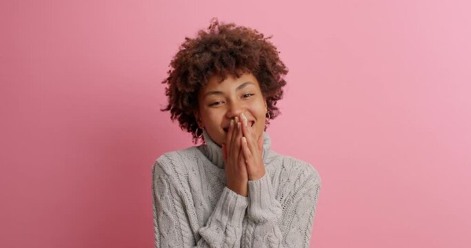 Pleasant looking cheerful Afro American woman laughs out loudly tries to hide emotions covers mouth and looks shy at camera dressed in casual sweater isolated over pink wall. Happiness joy concept