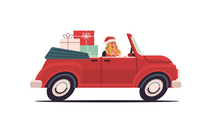 Fototapeta na wymiar girl in santa claus costume delivering gifts on red car merry christmas happy new year holiday celebration concept horizontal vector illustration