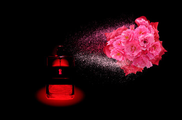 From a glass bottle located on a black background, a directed jet sprays a perfume composition of scents of scarlet rose and carnation flowers.