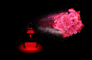 From a glass bottle located on a black background, a directed jet sprays a perfume composition of...