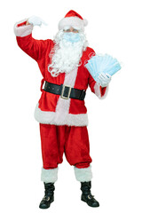 Santa Claus wear in covid medical mask, holds mask or respirators epidemic or coronavirus protection. Santa shows index finger