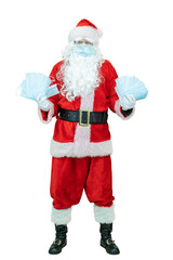 Santa Claus in a covid medical mask, holds mask or respirators epidemic or coronavirus protection