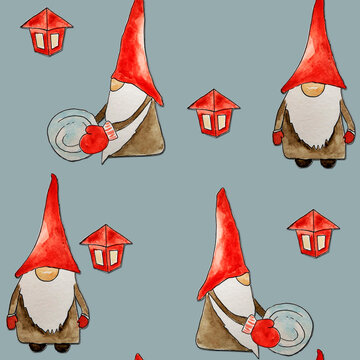 Christmas gnomes pattern. Seamless holiday background with cute dwarf characters. Perfect for cover design templates, wallpaper, wrapping and textile. Watercolor.