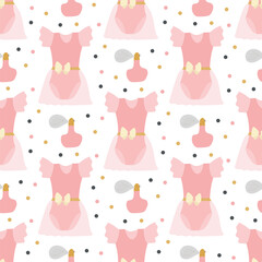 Seamless pattern of pink ballerina suits and perfume bottles with gold, pink, and blue dots floating freely