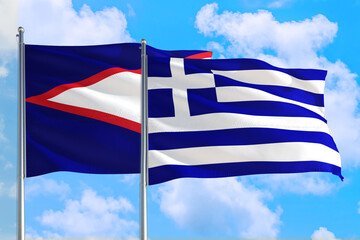 Greece and American Samoa national flag waving in the windy deep blue sky. Diplomacy and...