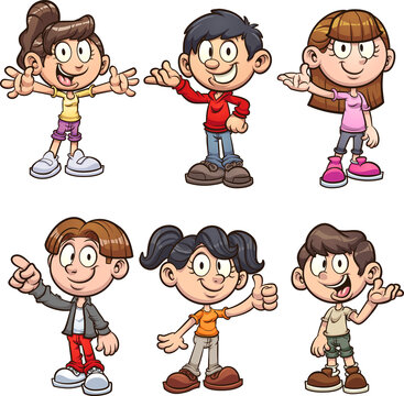 Cute cartoon boys and girls on different poses. Vector clip art illustration with simple gradients. Each on a separate layer. 

