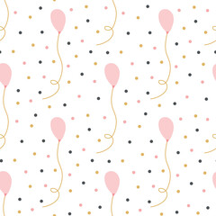 Seamless pattern of pink ballerina suits and perfume bottles with gold, pink, and blue dots floating freely