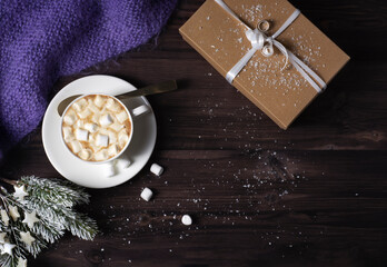 This photo shows a cup with hot cocoa and marshmallows, a knitted blanket, a gift box and fir branches on a dark wooden background with snow. Horizontal orientation, copy space, flat lay.