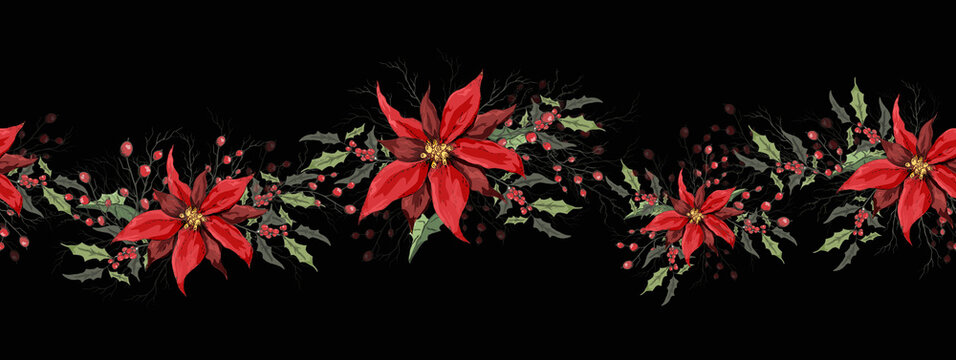 Seamless floral frame, border. realistic holiday flowers made of poinsettia, Holly. modern hand-drawn winter flowers in the style of realism. Vector decor for printing, your ideas.