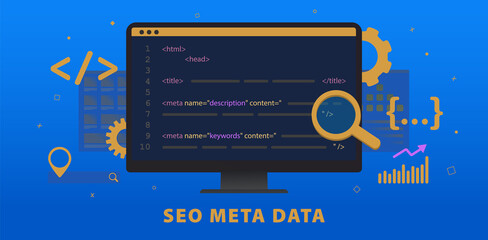 SEO Meta Data, HTTP Website Header Tag Optimization. Search engine optimization title tags and meta description elements. Horizontal vector banner illustration for header with hypertext code window