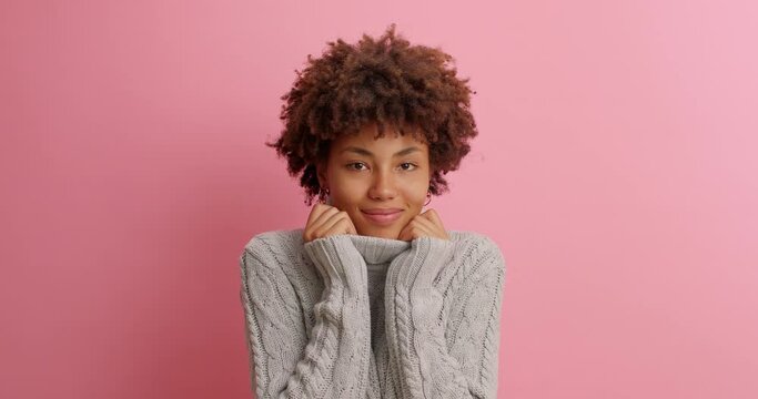 Happy satisfied African American woman with tender expression wears comfortable warm sweater keeps hands on collar feels calm and pleased looks tenderly at camera isolated over pink background.