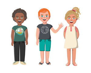Fototapeta premium Multiethnic friends. Three different kid faces. Asian, african and caucasian standing in summer clothes. isolated vector illustration
